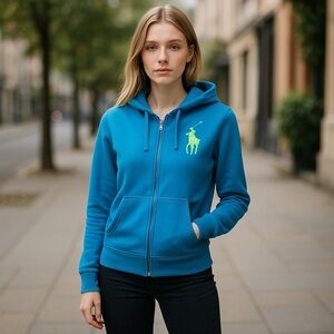 RALPH LAUREN Women's Casual Zip Up Blue Hoodie Big Pony Lime Green Logo Sz XS-S